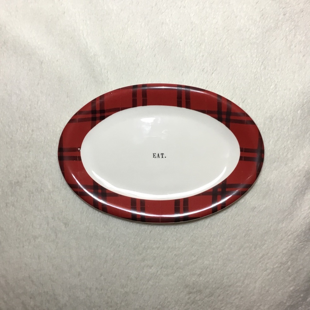 Rae Dunn EAT Buffalo Check Red Plaid Oval Plate